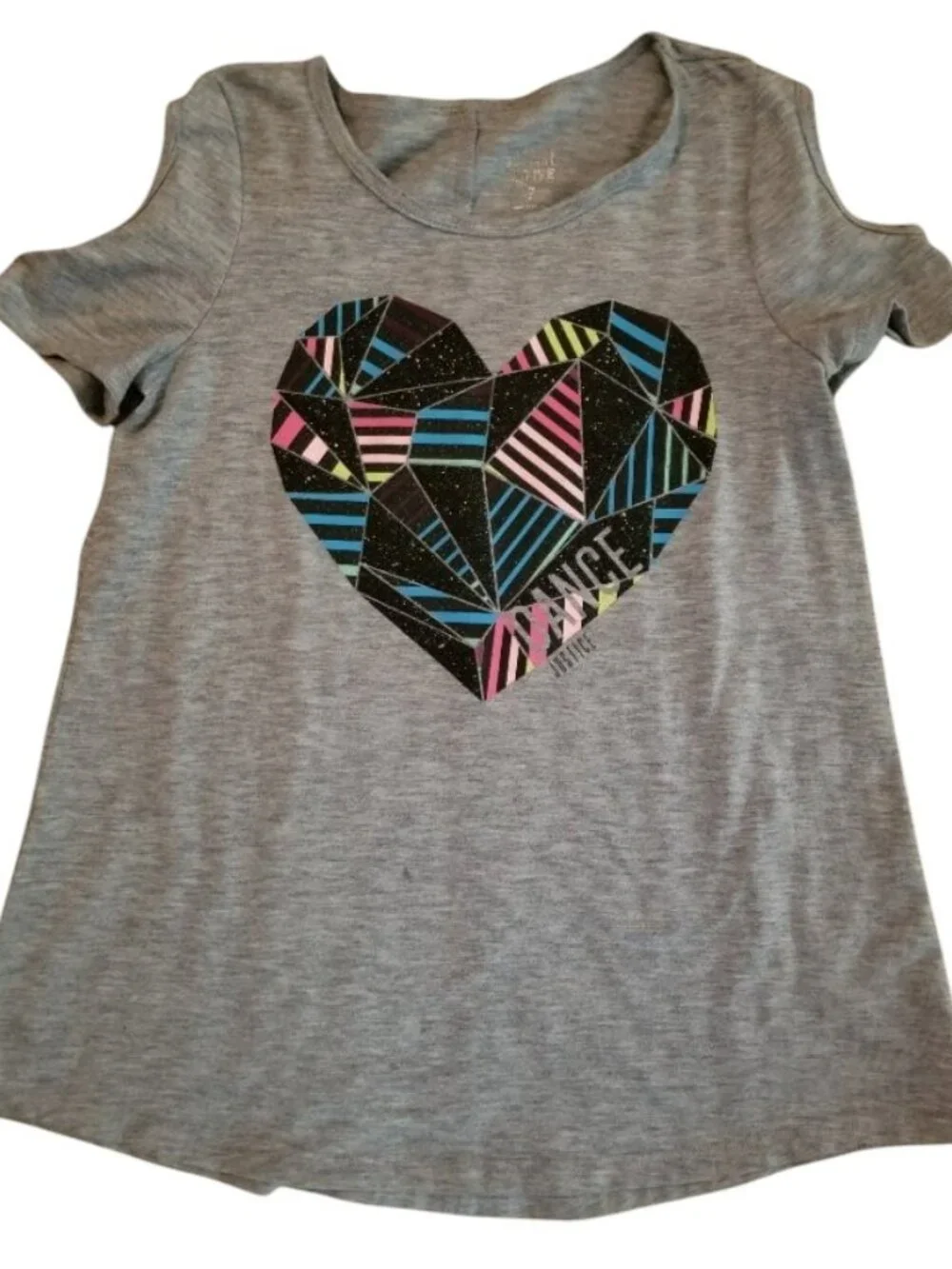JUSTICE ACTIVE Gray Sparkly Heart Open Shoulder Top Girls Size 7